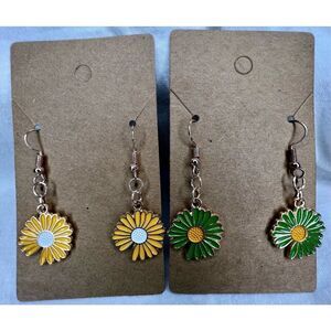 Bundle Of Two Handmade Dangly Yellow and Green Flower Earrings